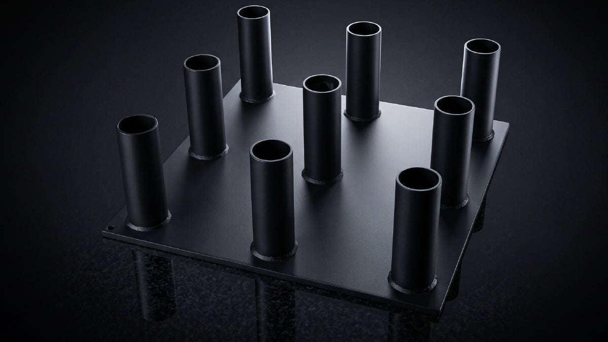 A vertical layout keeps up to 9 Olympic barbells organized and easy to access, without eating up floor space.